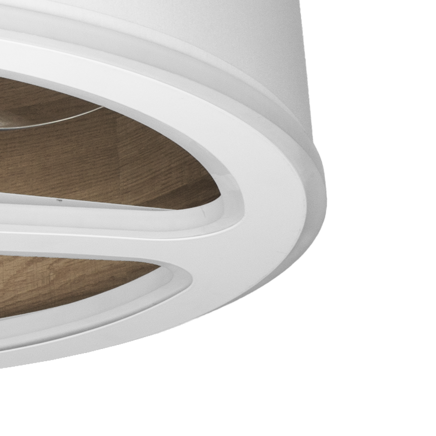 Ventilador de techo Tatiana DC de Fabrilamp, vista general en blanco y madera oscura.