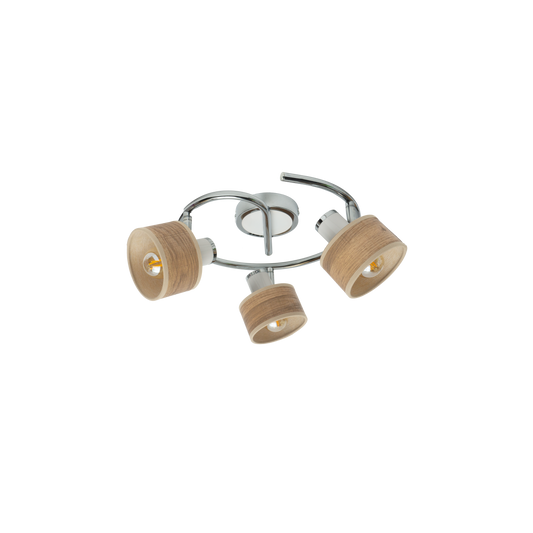 Plafón Nando fabricado en metal color cromo y madera clara, ideal para iluminar tu hogar