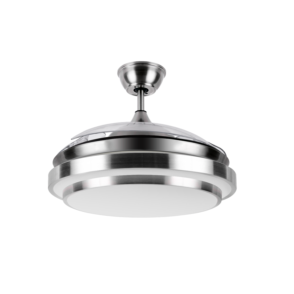 Ventilador IBE Níquel Fabrilamp con aspas desplegables, mando a distancia y temporizador.