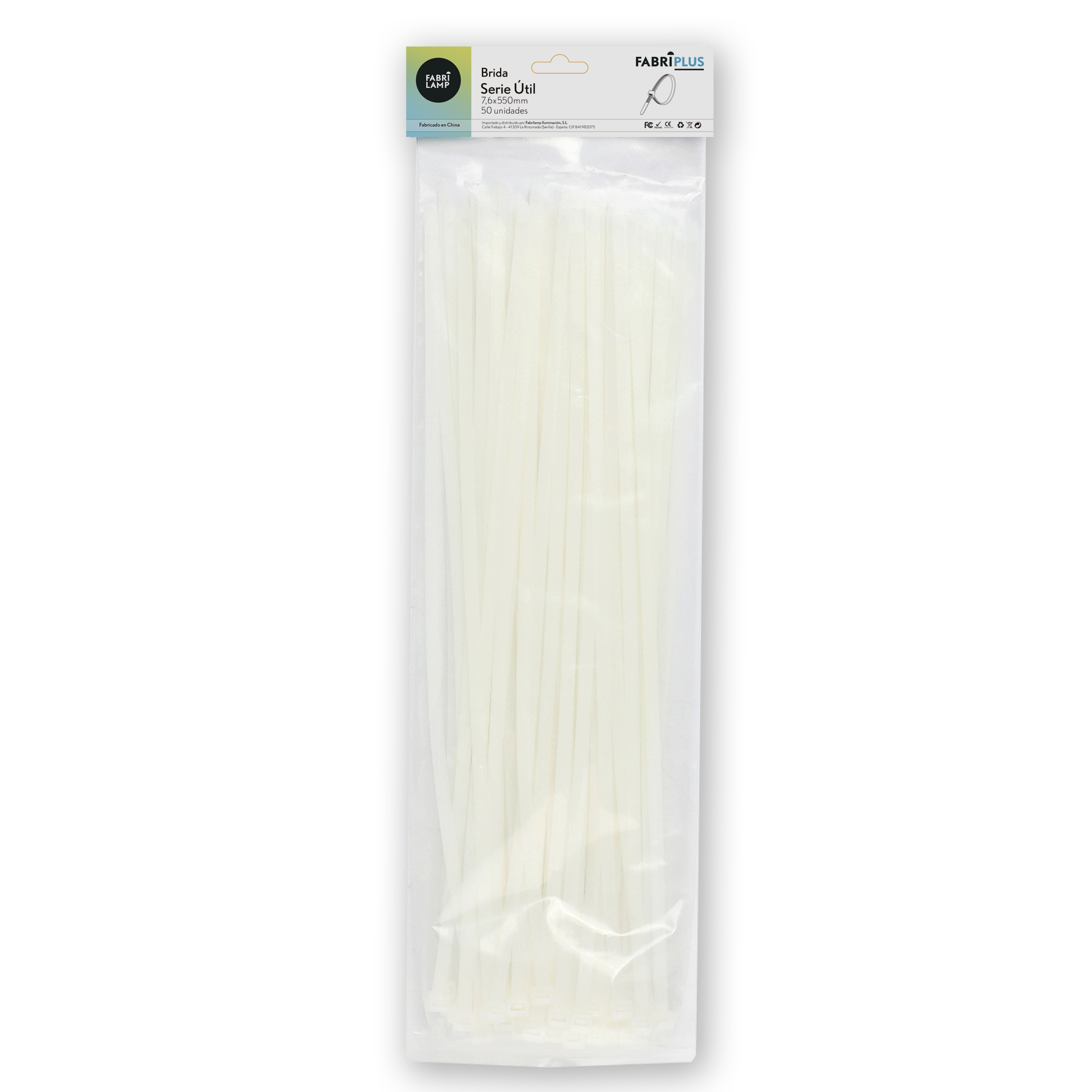 Bolsa de 50 bridas blancas de 7,6x550mm, fabricadas en nylon 66 resistente. Ideal para uso interior y exterior.