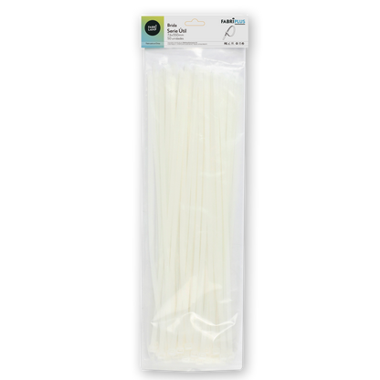 Bolsa de 50 bridas blancas de 7,6x550mm, fabricadas en nylon 66 resistente. Ideal para uso interior y exterior.