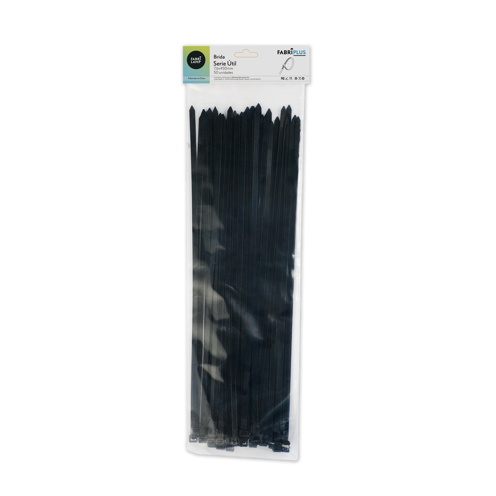 Bolsa con 50 bridas negras de 7,6x450mm de Fabrilamp, resistentes y duraderas.
