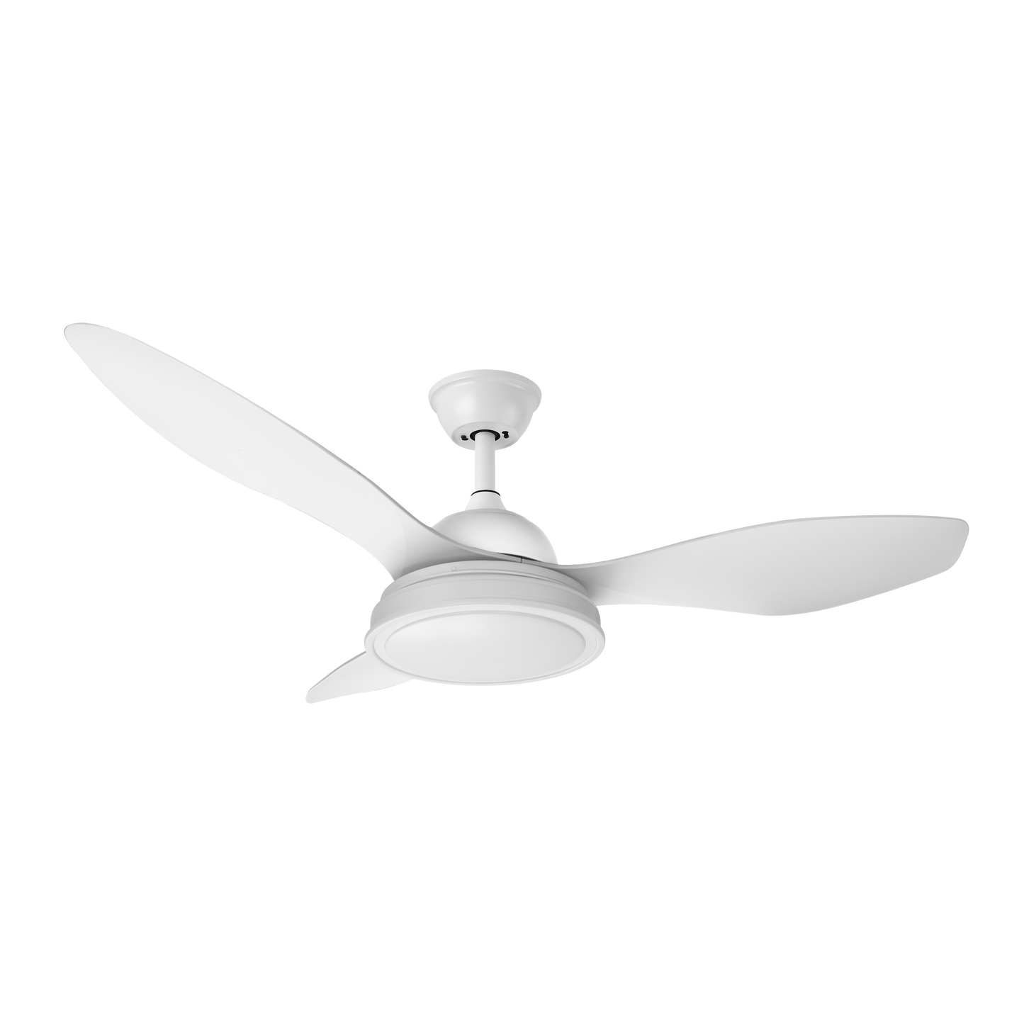 Ventilador de techo Datoo blanco de Fabrilamp, vista frontal con aspas, mando a distancia y detalles de diseño.