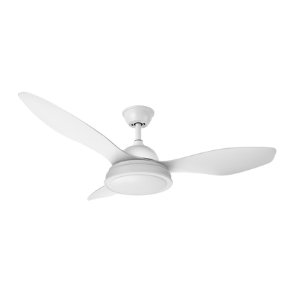 Ventilador de techo Datoo blanco de Fabrilamp, vista frontal con aspas, mando a distancia y detalles de diseño.