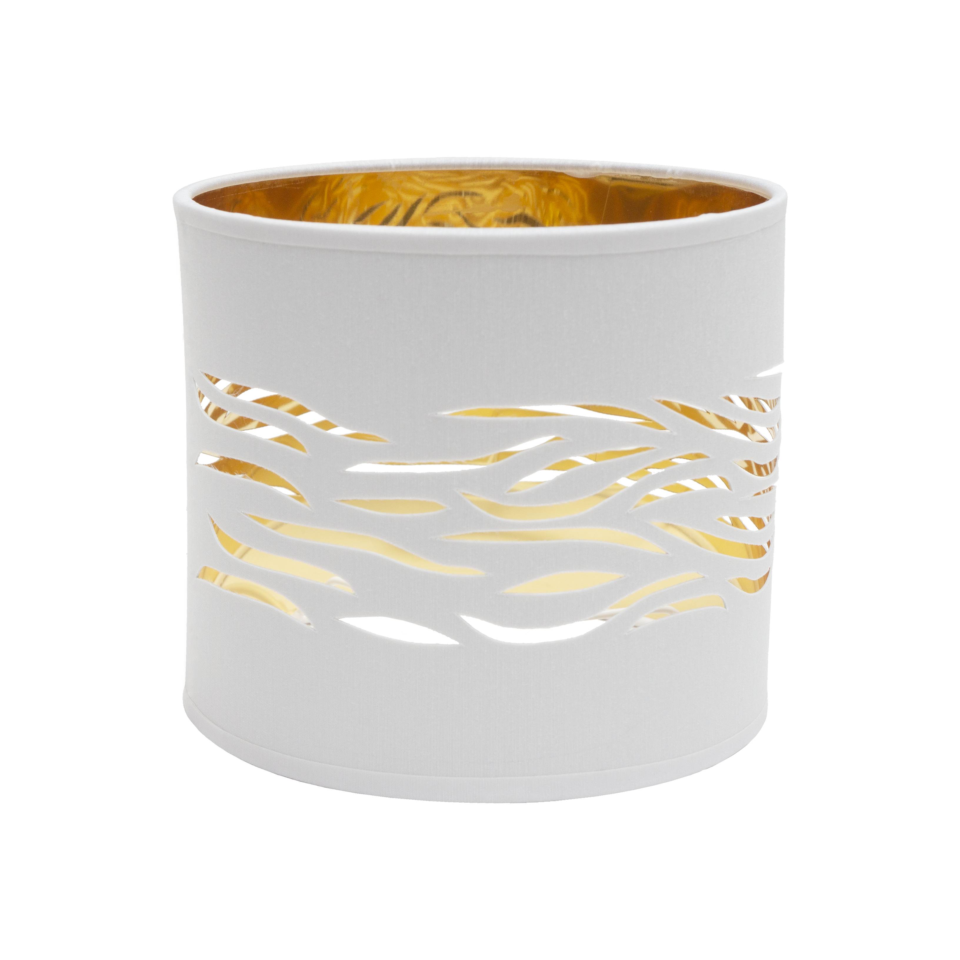 Pantalla de sobremesa Niebla de Fabrilamp en color blanco y oro, vista frontal.