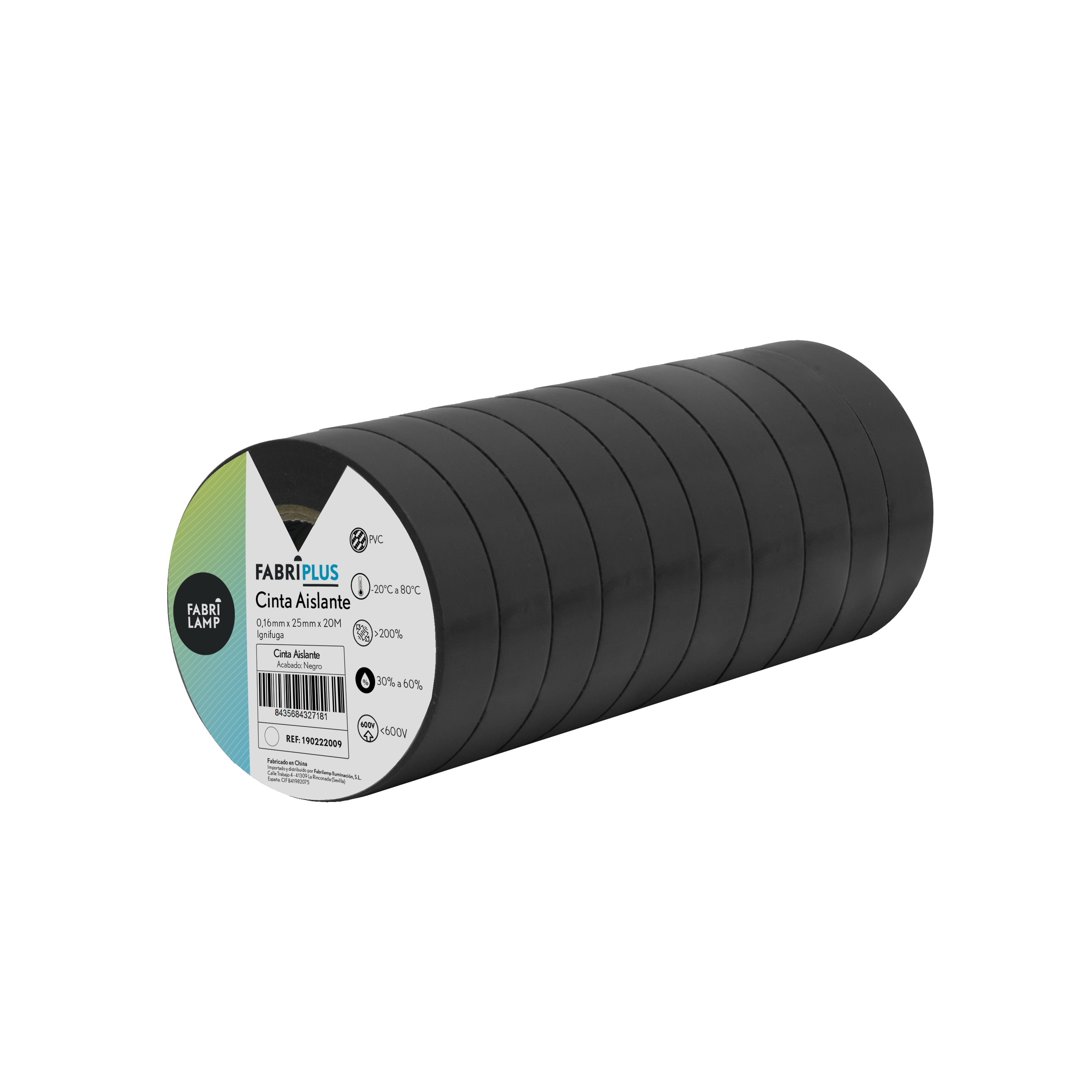 Rollo de cinta aislante PVC negra de 25mm x 20m, ideal para trabajos eléctricos.