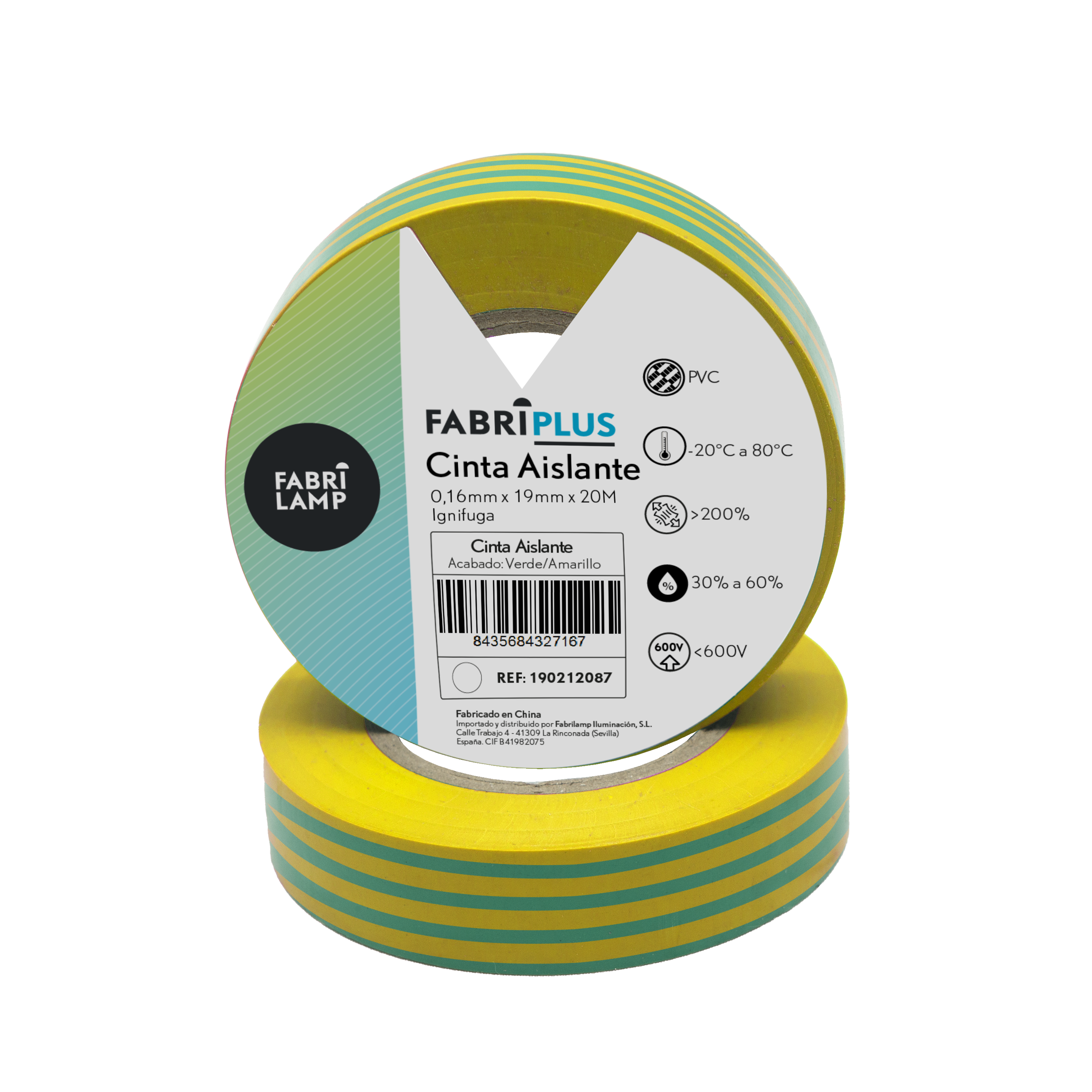 Rollo de cinta aislante PVC verde/amarillo de 19mm x 20m, Fabrilamp, para electricistas.