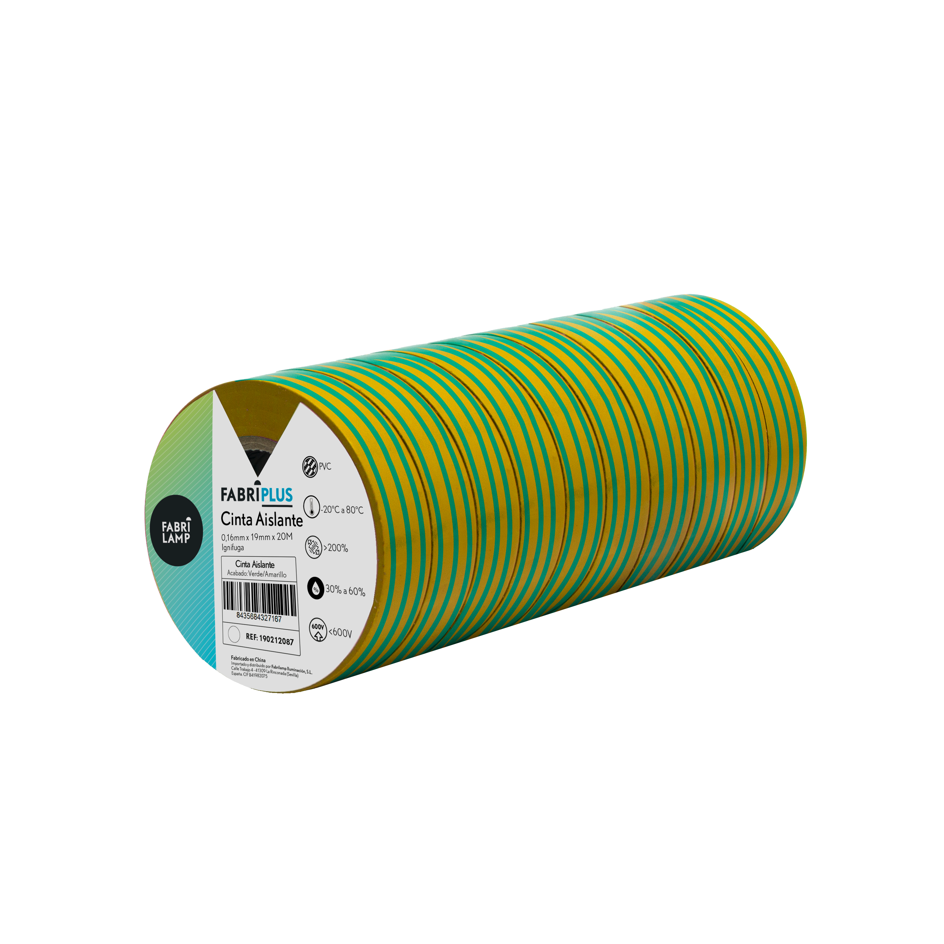 Rollo de cinta aislante PVC verde/amarillo de 19mm x 20m, Fabrilamp, para electricistas.