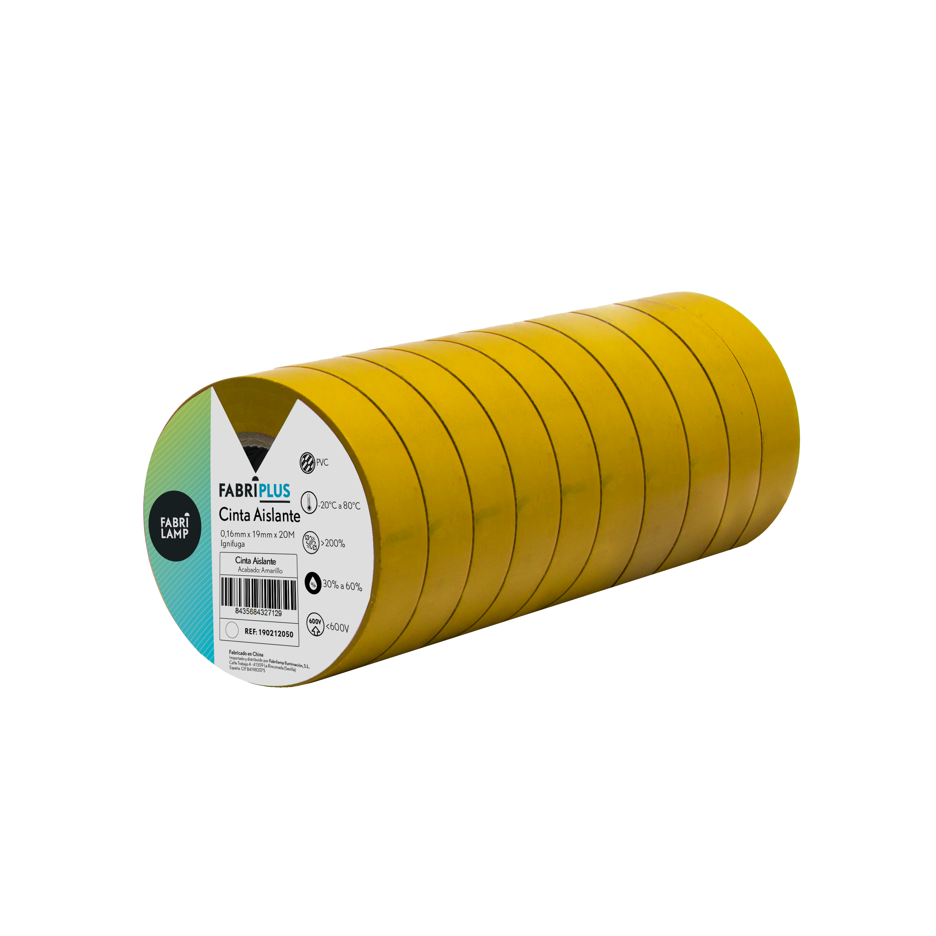 Rollo de cinta aislante PVC amarilla de 19mm x 20m, Fabrilamp, ideal para electricistas.