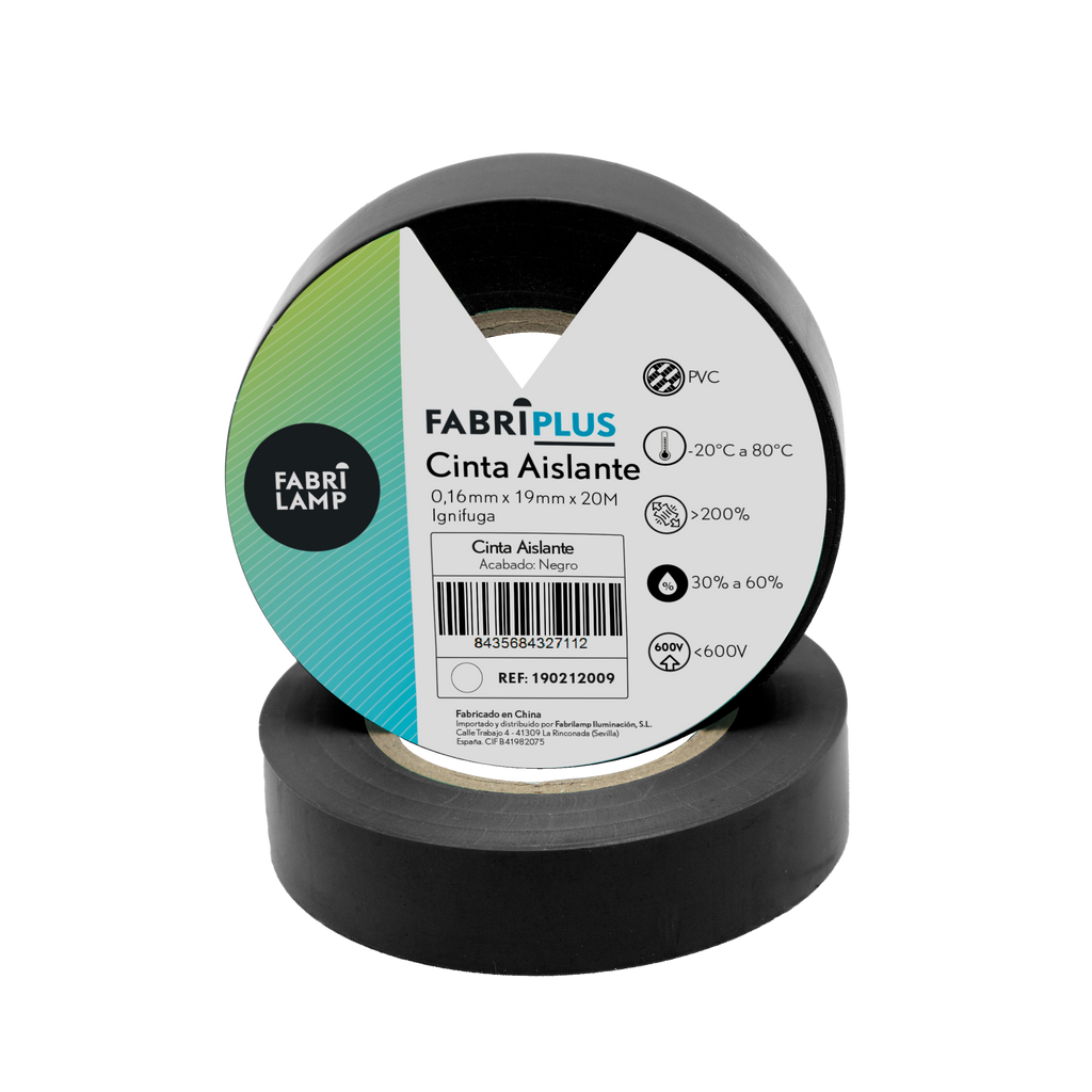 Rollo de cinta aislante PVC negra de 19mm x 20m, Fabrilamp, ideal para trabajos eléctricos.