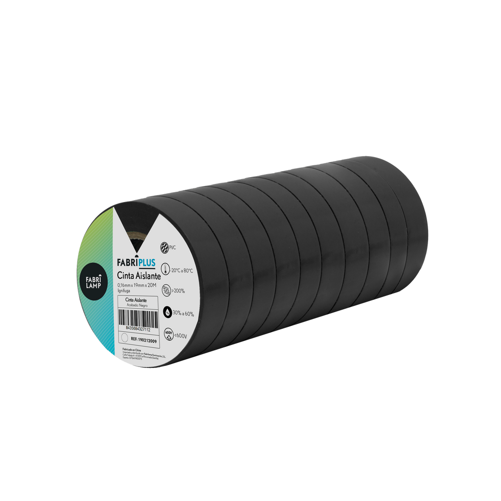Rollo de cinta aislante PVC negra de 19mm x 20m, Fabrilamp, ideal para trabajos eléctricos.