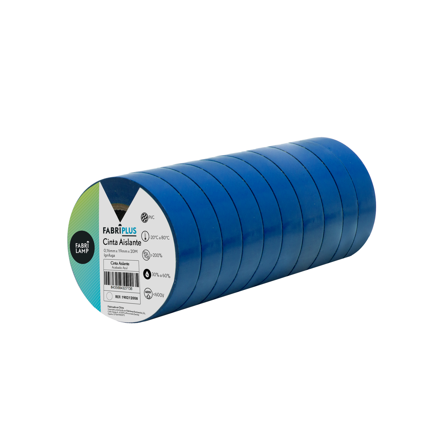 Rollo de cinta aislante PVC azul de 19mm x 20m, Fabrilamp, ideal para electricistas.