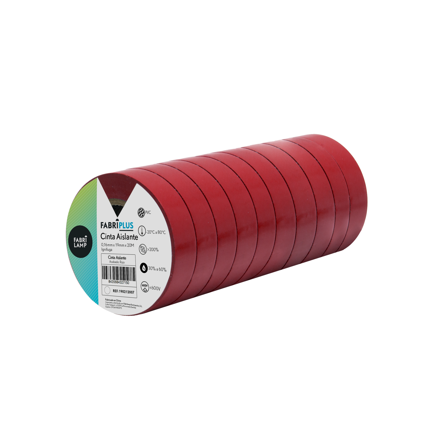 Rollo de cinta aislante PVC roja de 19mm x 20m, Fabrilamp, ideal para electricistas.