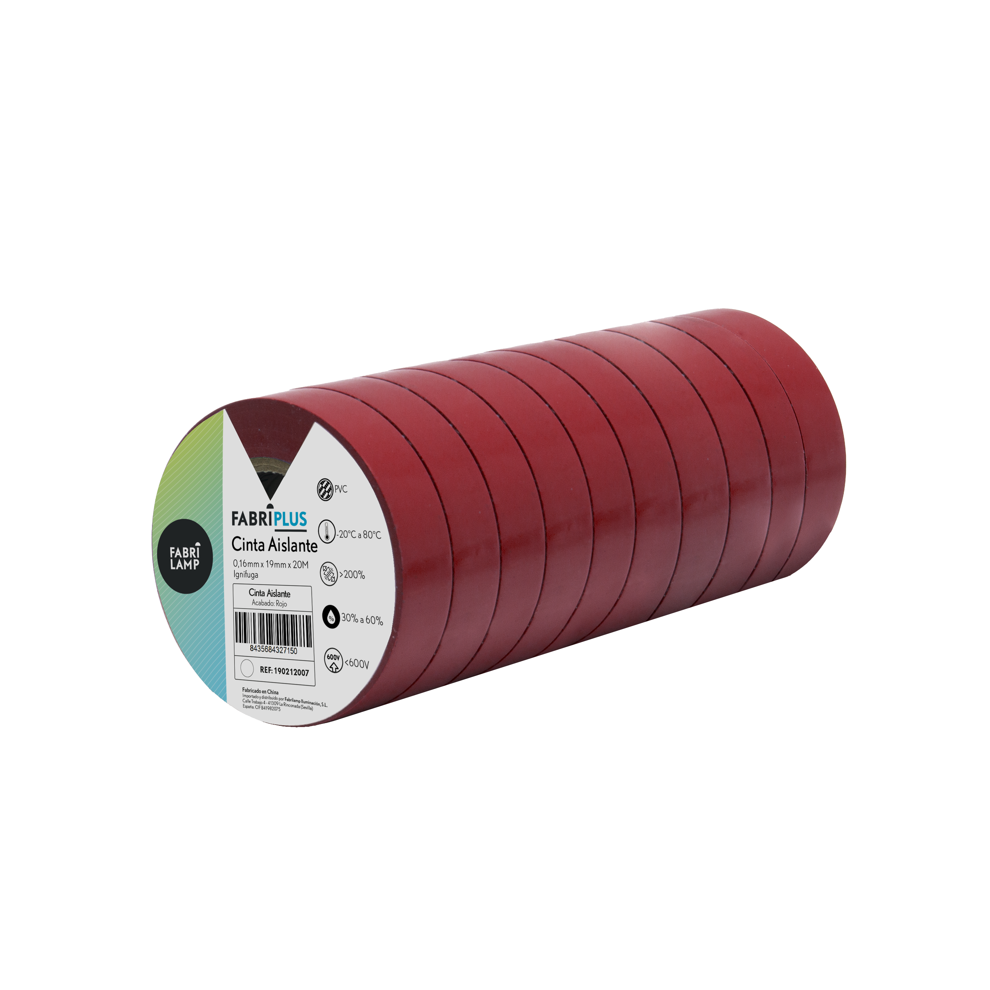 Rollo de cinta aislante PVC roja de 19mm x 20m, Fabrilamp, ideal para electricistas.