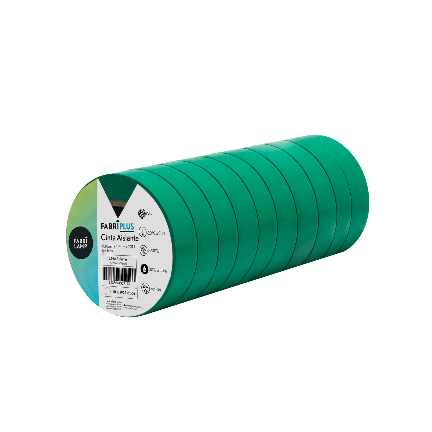 Rollo de cinta aislante PVC verde de 19mm x 20m, Fabrilamp, resistente y flexible para electricistas.