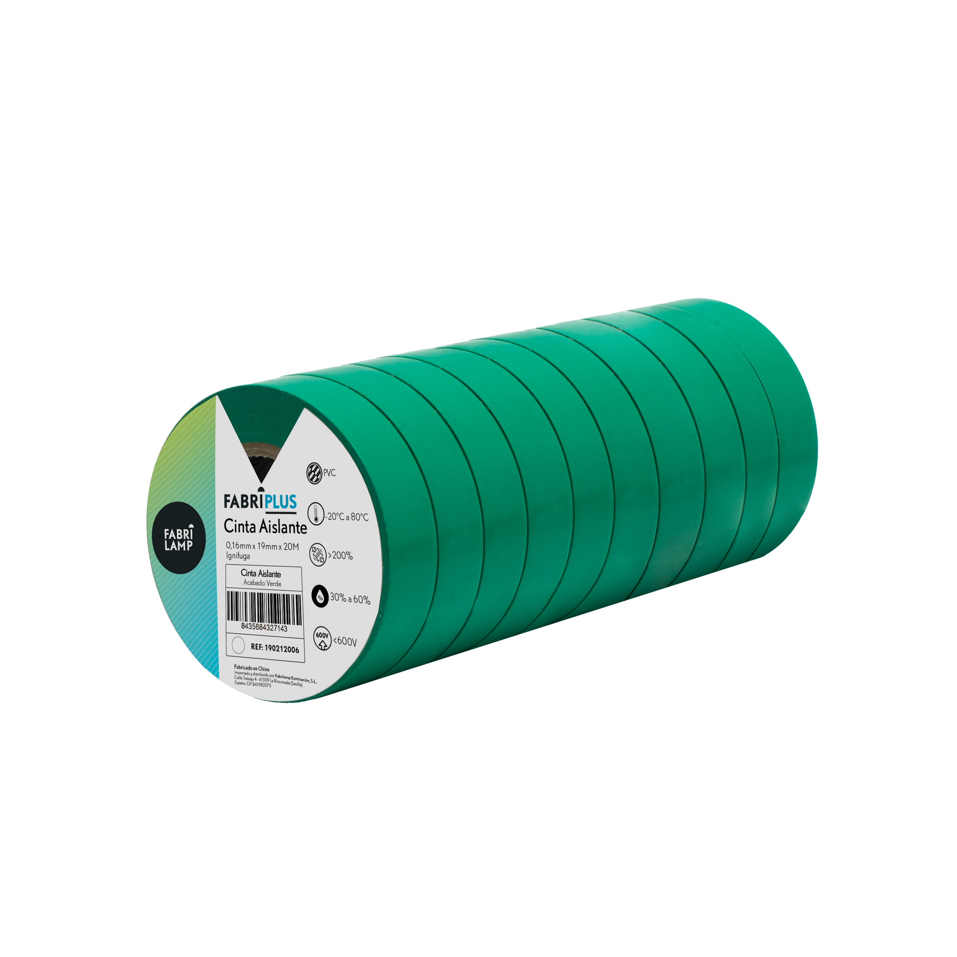 Rollo de cinta aislante PVC verde de 19mm x 20m, Fabrilamp, resistente y flexible para electricistas.