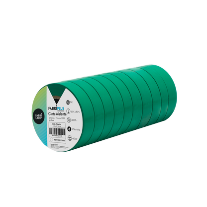 Rollo de cinta aislante PVC verde de 19mm x 20m, Fabrilamp, resistente y flexible para electricistas.