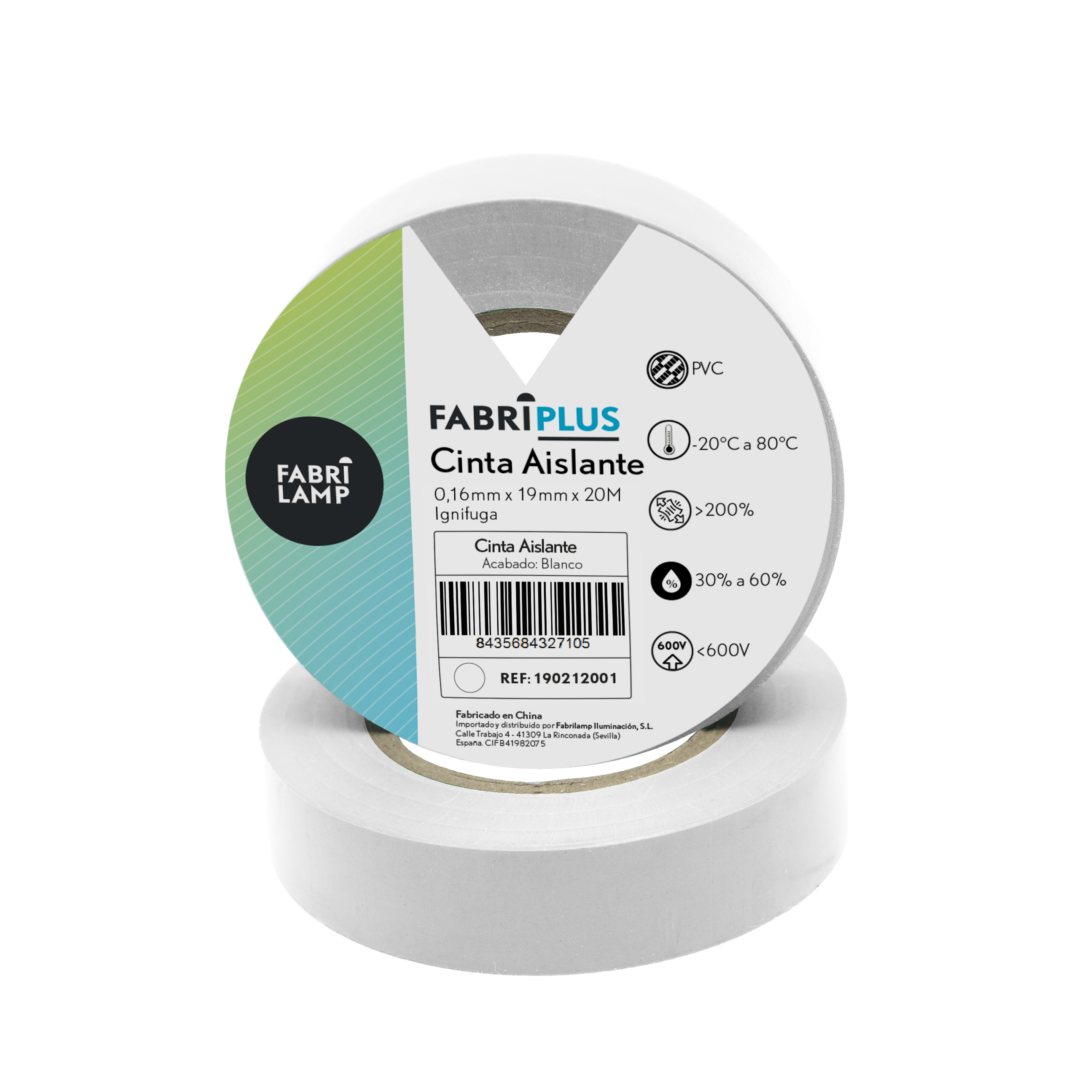Rollo de cinta aislante PVC blanca de 19mm x 20m, ideal para electricistas. Fabrilamp.