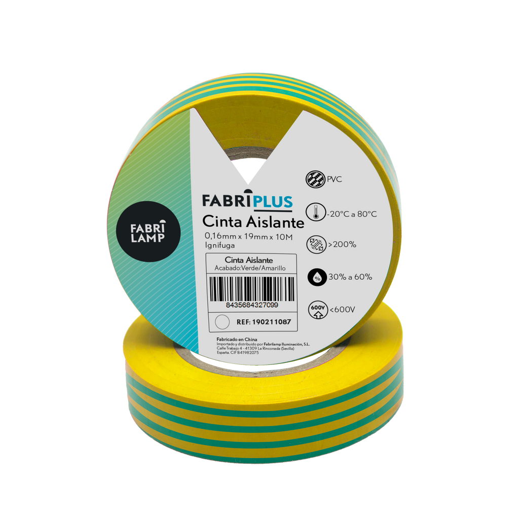 Rollo de cinta aislante PVC verde/amarillo 19mm x 10m para electricistas de Fabrilamp/Abrila