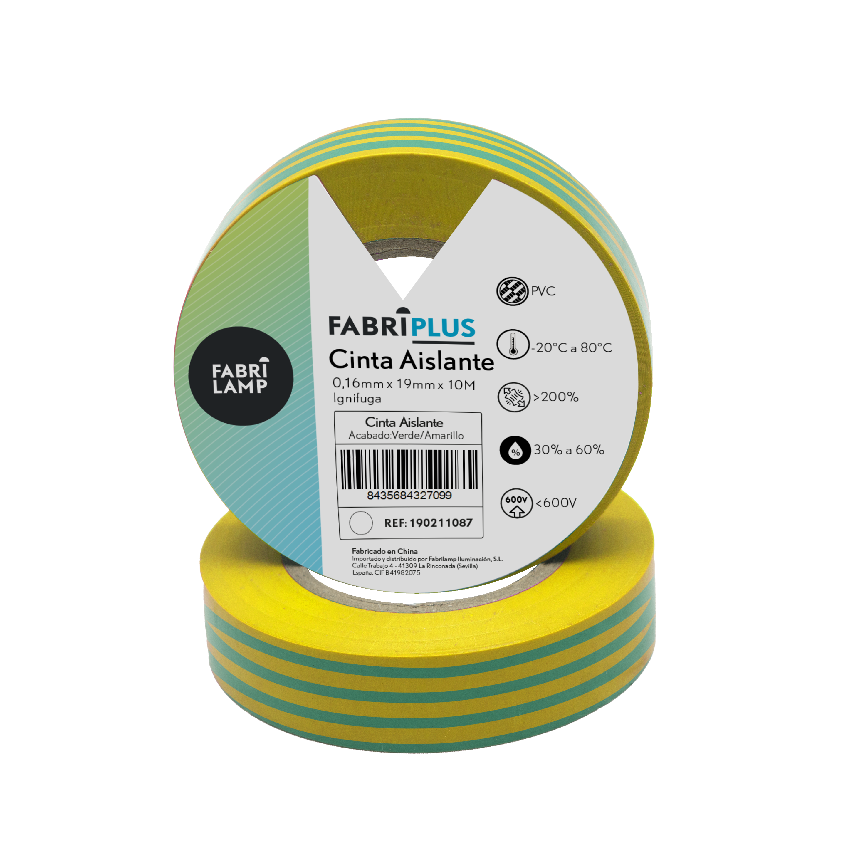 Rollo de cinta aislante PVC verde/amarillo 19mm x 10m para electricistas de Fabrilamp/Abrila