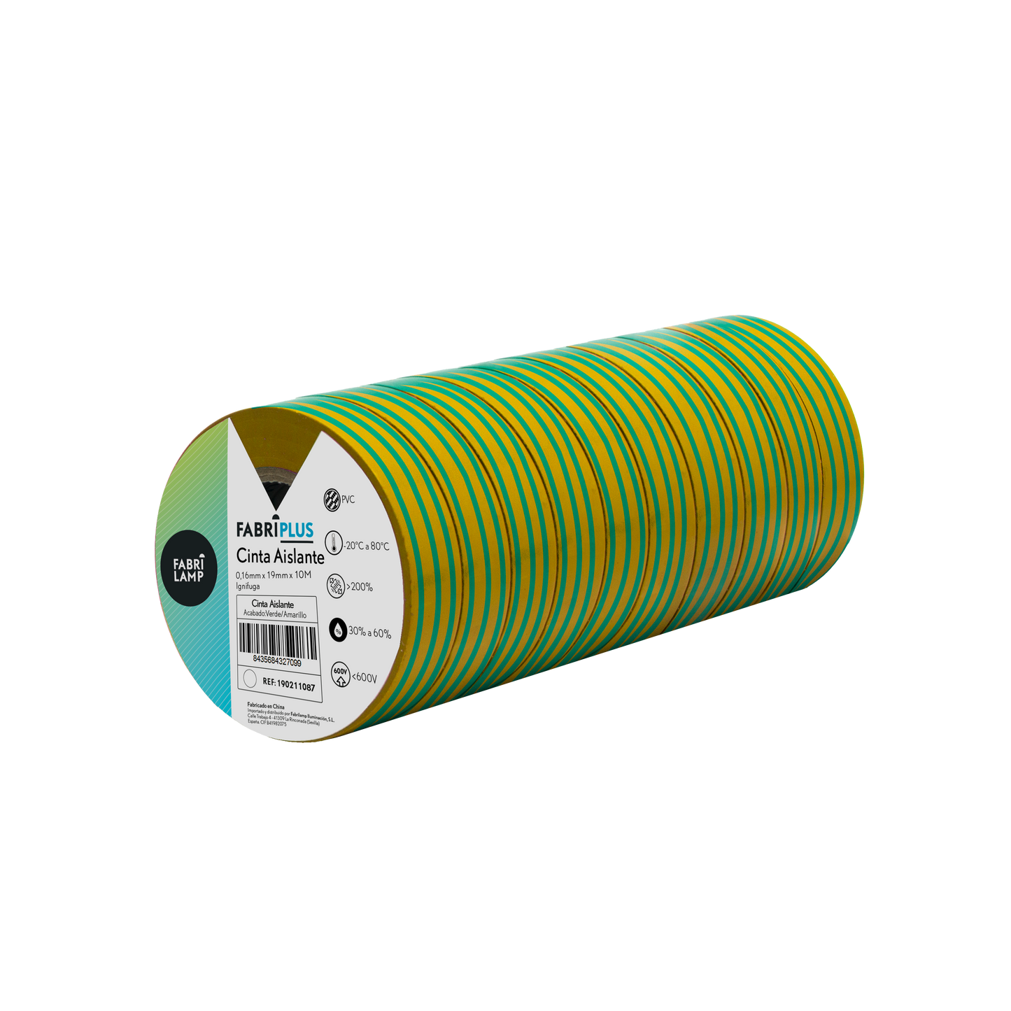 Rollo de cinta aislante PVC verde/amarillo 19mm x 10m para electricistas de Fabrilamp/Abrila