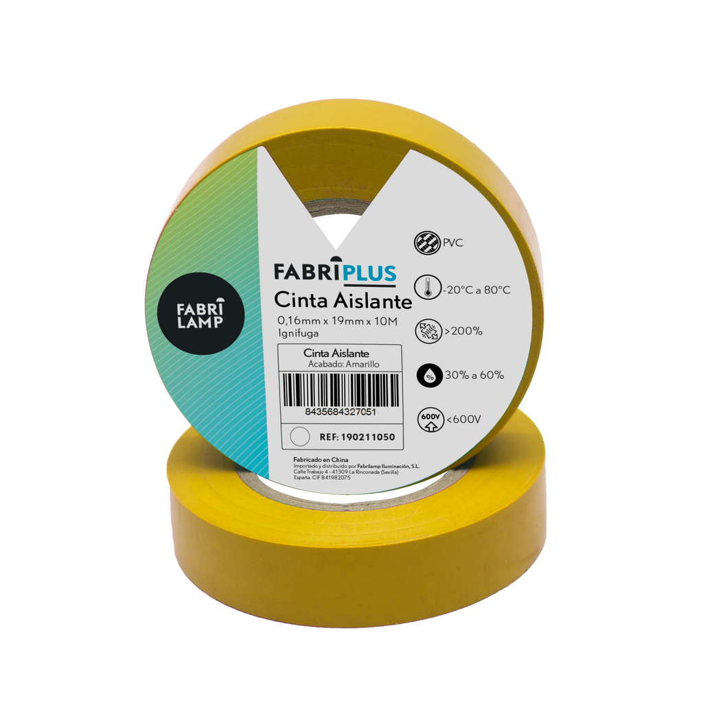 Rollo de cinta aislante PVC amarilla de 19mm x 10m, Fabrilamp, resistente y flexible.