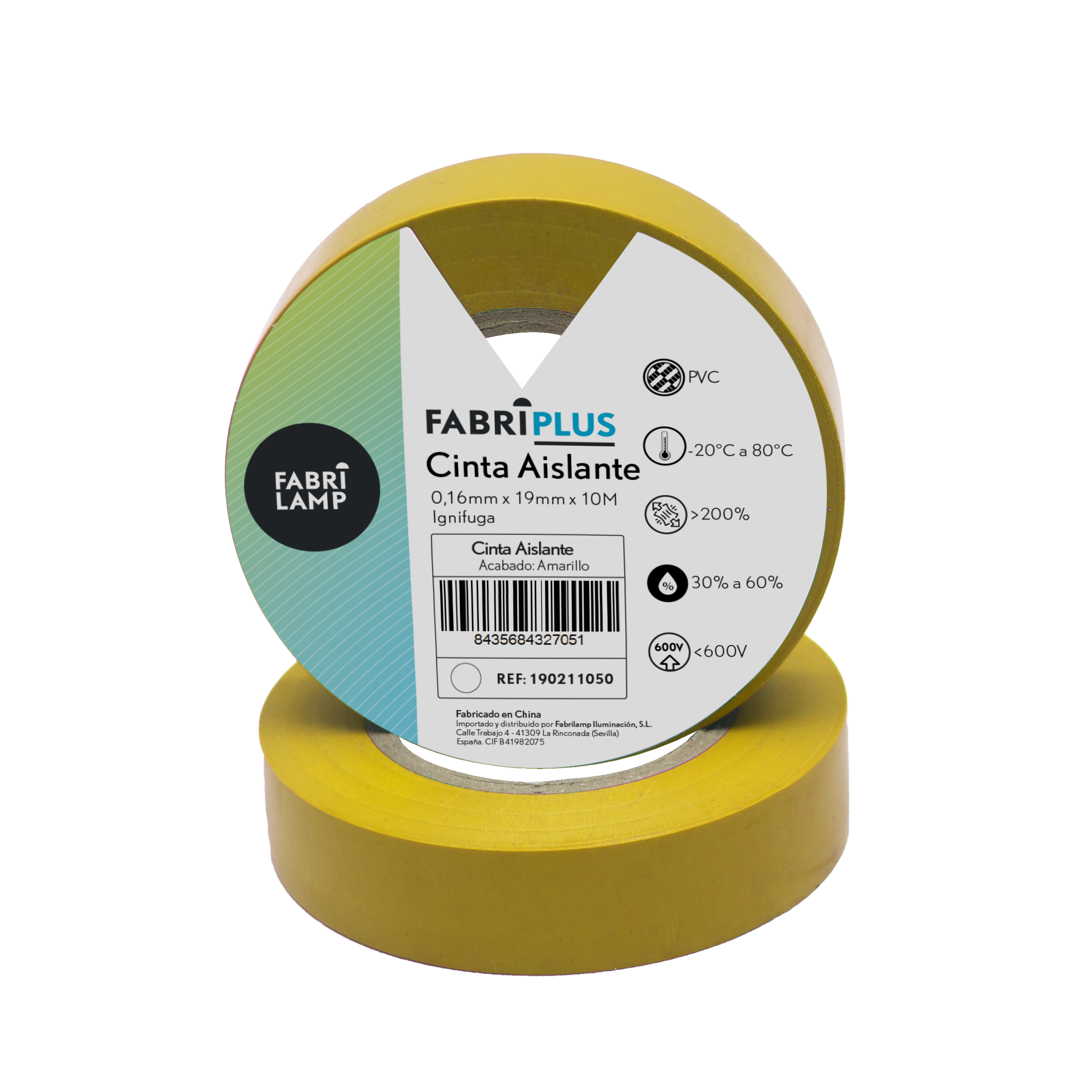 Rollo de cinta aislante PVC amarilla de 19mm x 10m, Fabrilamp, resistente y flexible.