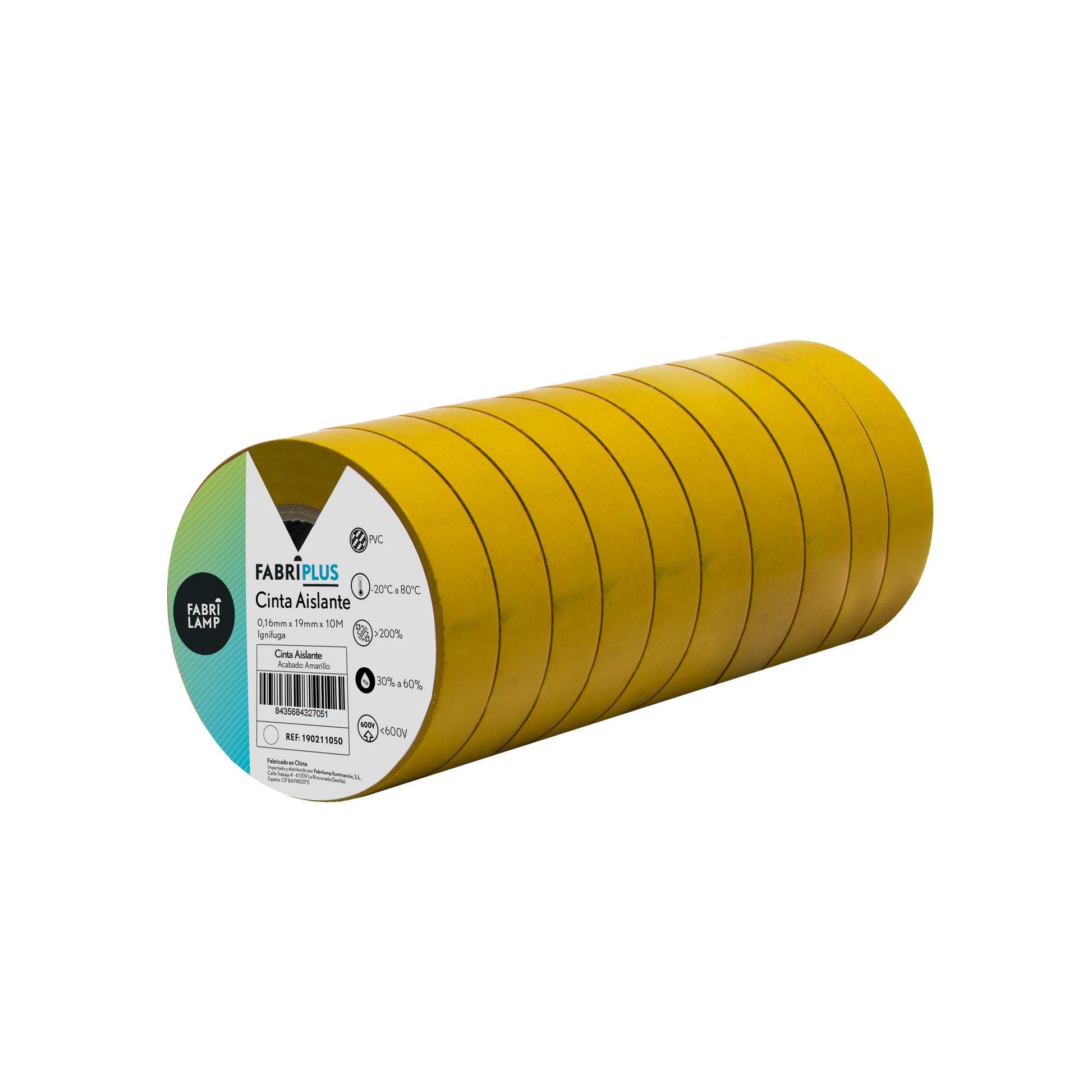 Rollo de cinta aislante PVC amarilla de 19mm x 10m, Fabrilamp, resistente y flexible.