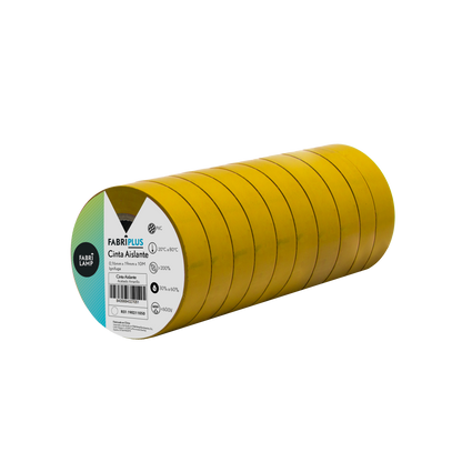 Rollo de cinta aislante PVC amarilla de 19mm x 10m, Fabrilamp, resistente y flexible.