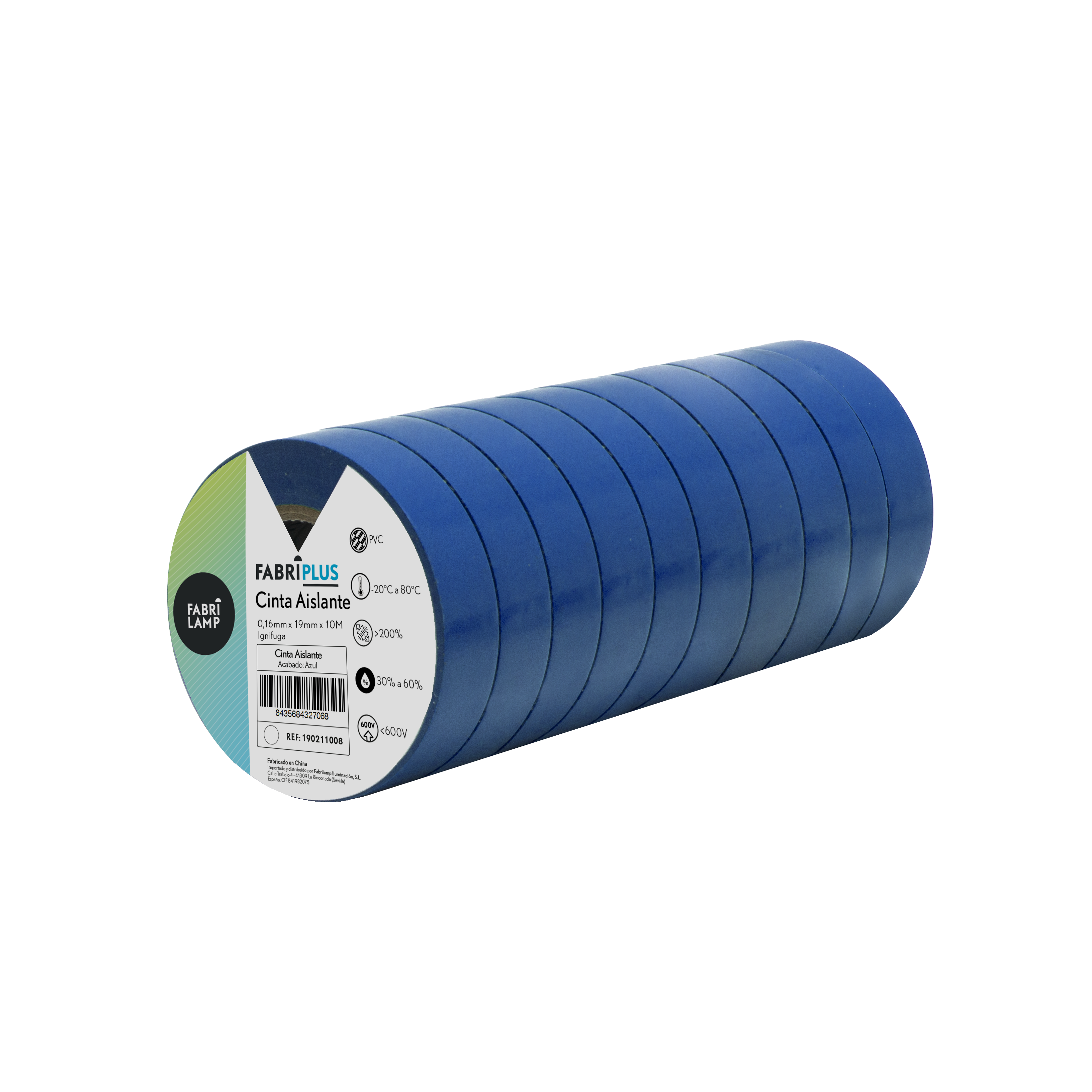 Rollo de cinta aislante PVC azul de 19mm x 10m, Fabrilamp, ideal para electricistas.