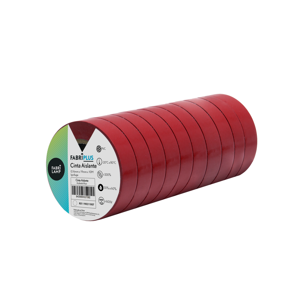 Rollo de cinta aislante PVC roja de 19mm x 10m, ideal para trabajos eléctricos. Fabrilamp.