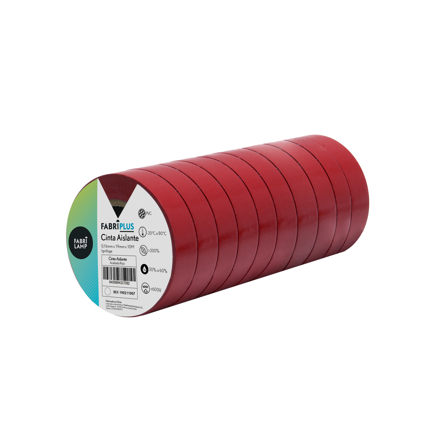 Rollo de cinta aislante PVC roja de 19mm x 10m, ideal para trabajos eléctricos. Fabrilamp.