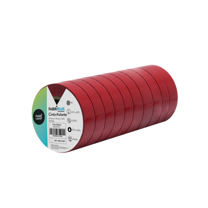 Rollo de cinta aislante PVC roja de 19mm x 10m, ideal para trabajos eléctricos. Fabrilamp.