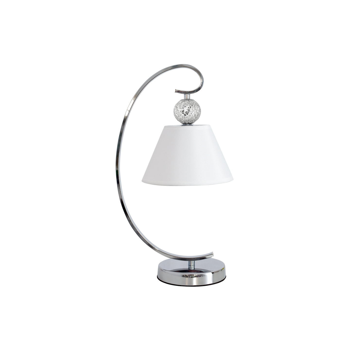 Sobremesa Concordia fabricada en metal color cromo con pantalla textil blanca, ideal para dormitorio