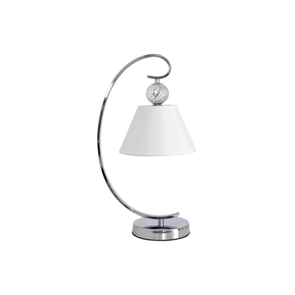 Sobremesa Concordia fabricada en metal color cromo con pantalla textil blanca, ideal para dormitorio
