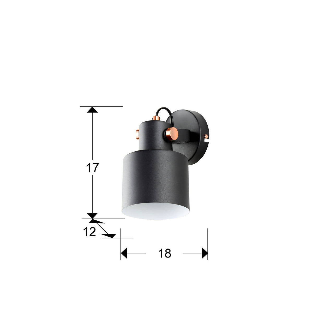 Plano con medidas de Aplique de Pared Erika 1 Luz E27 Negro Mate y Cobre Schuller