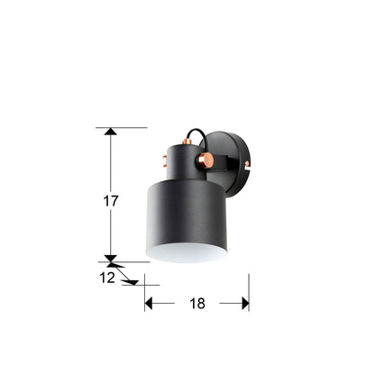 Plano con medidas de Aplique de Pared Erika 1 Luz E27 Negro Mate y Cobre Schuller