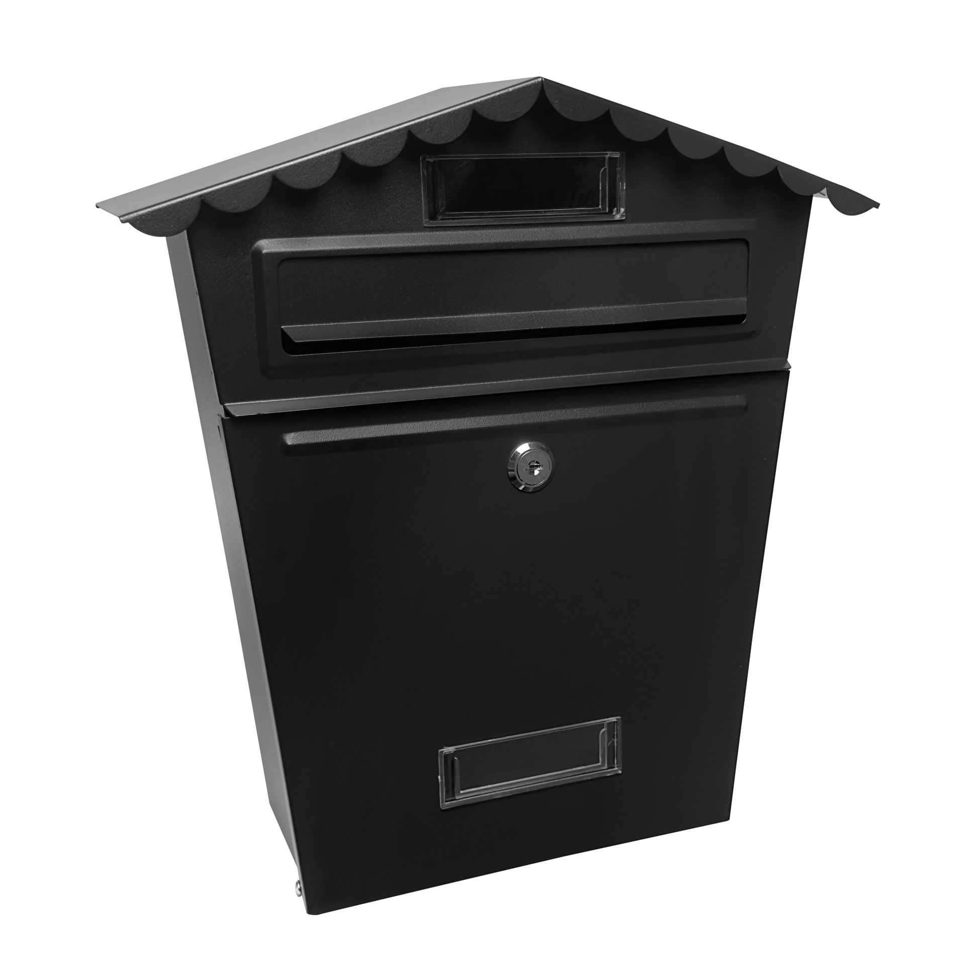 Elegante buzón de acero negro con tejadillo, perfecto para exterior