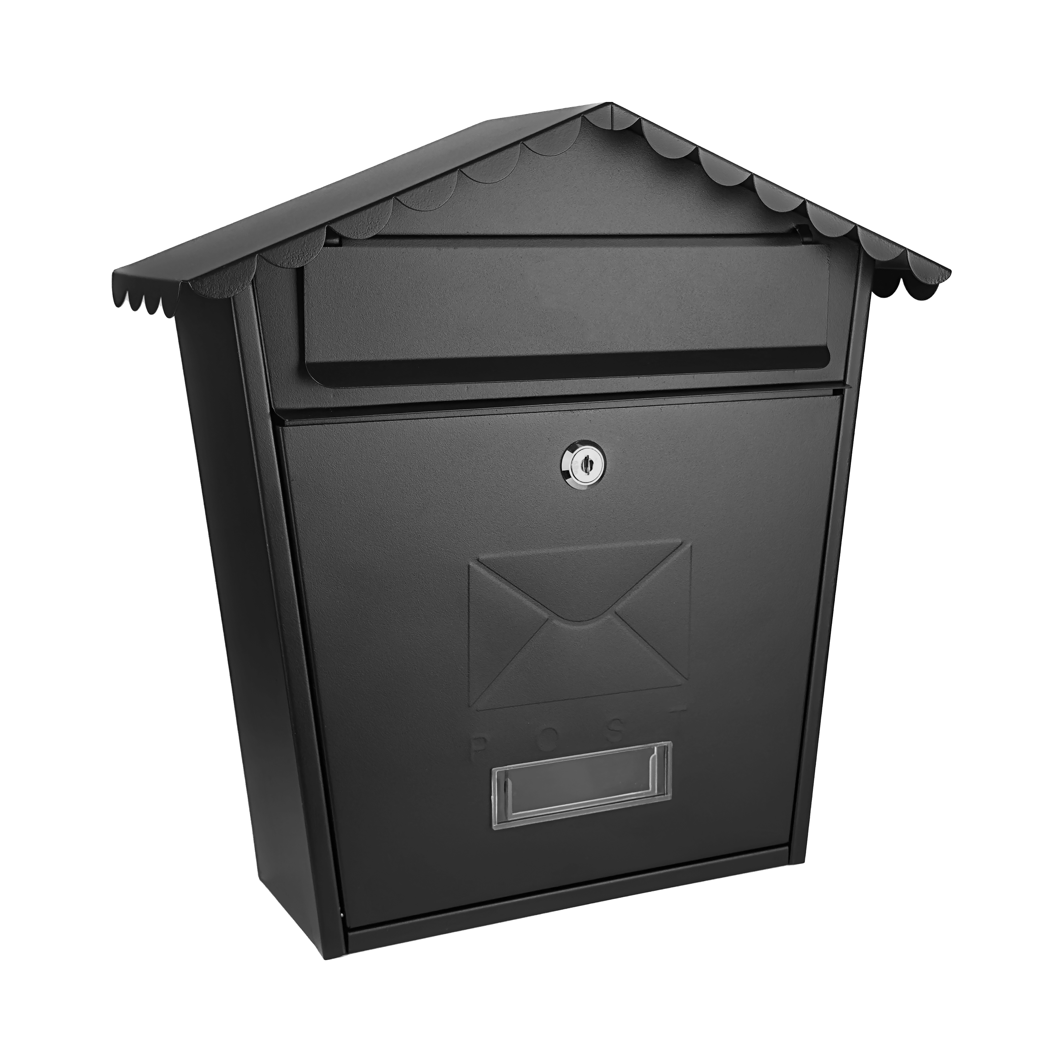 Buzón de correo Olena negro de acero galvanizado, vista frontal.