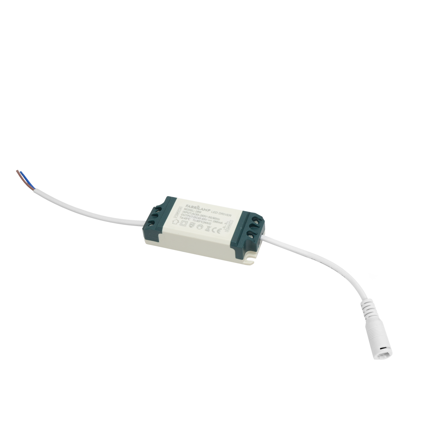 Driver LED fabricado en policarbonato blanco, ideal para downlights de interior.