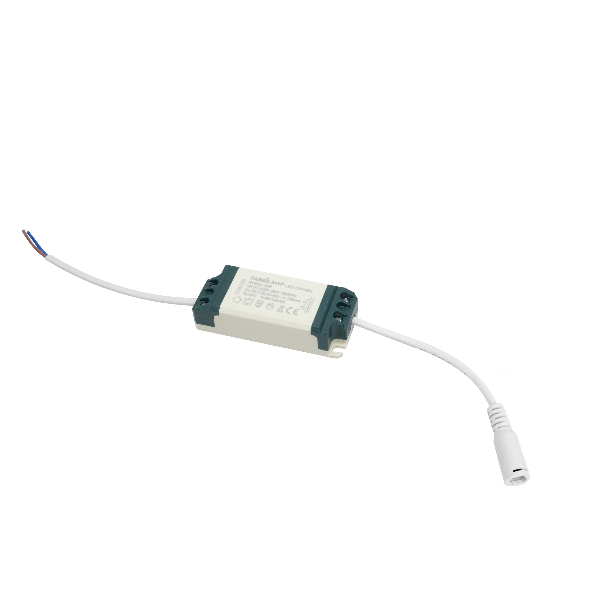 Driver LED fabricado en policarbonato blanco, ideal para downlights de interior.