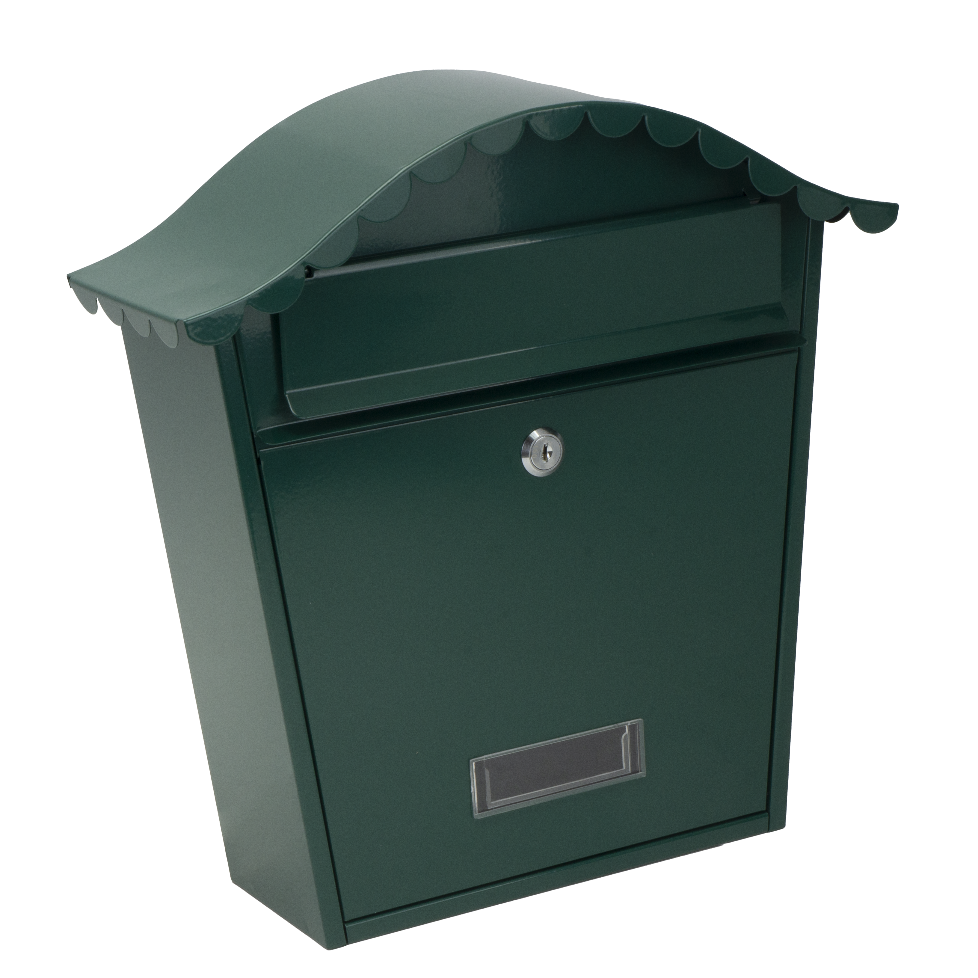 Buzón de correo Tilda verde de acero galvanizado, vista frontal.