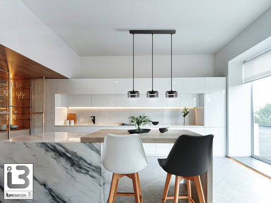 Lámpara de Techo Olaia 3 Luces Negro Mate y Cristal Smoky Schuller en ambiente decorado | Schuller