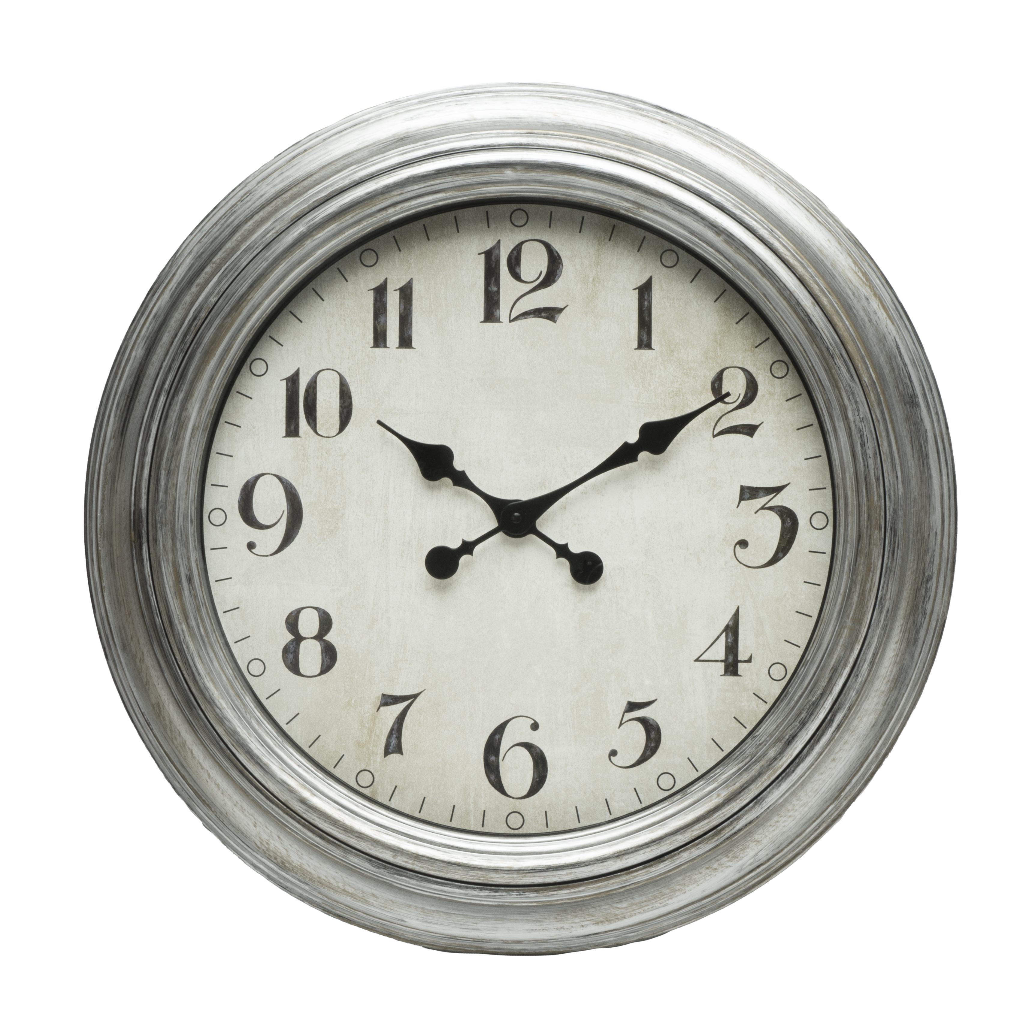 Reloj de pared Iniko Plata 61cm, vista frontal, agujas retro, Fabrilamp.