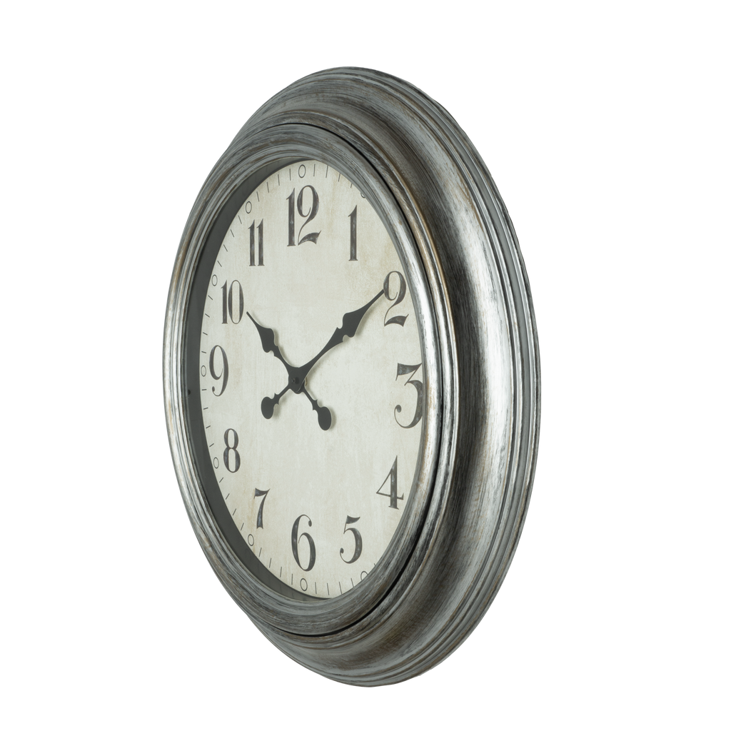 Reloj de pared Iniko Plata 61cm, vista frontal, agujas retro, Fabrilamp.