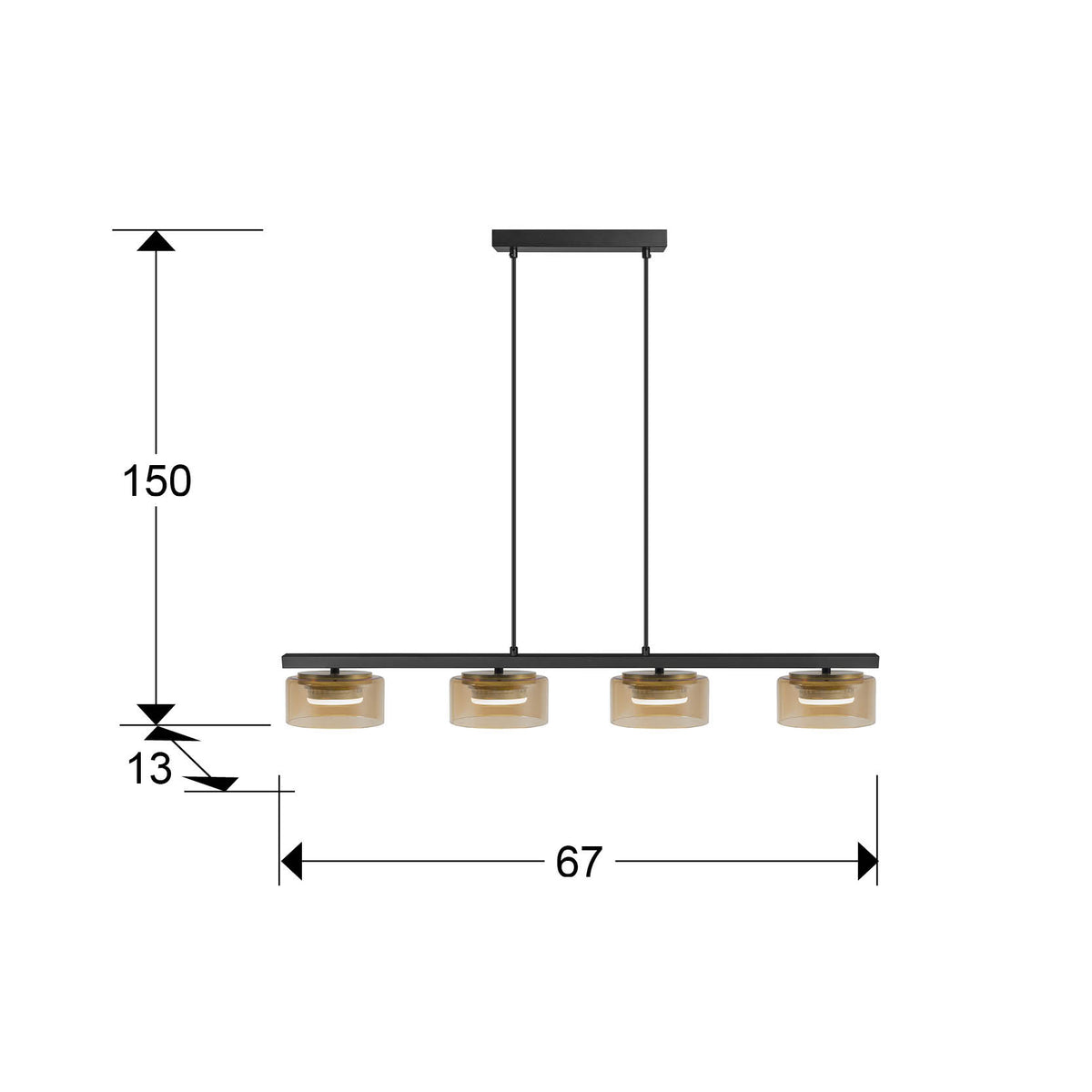 Plano con medidas de Lámpara de Techo Olaia 4 Luces Negro Mate y Ámbar Schuller · Ref. 12689