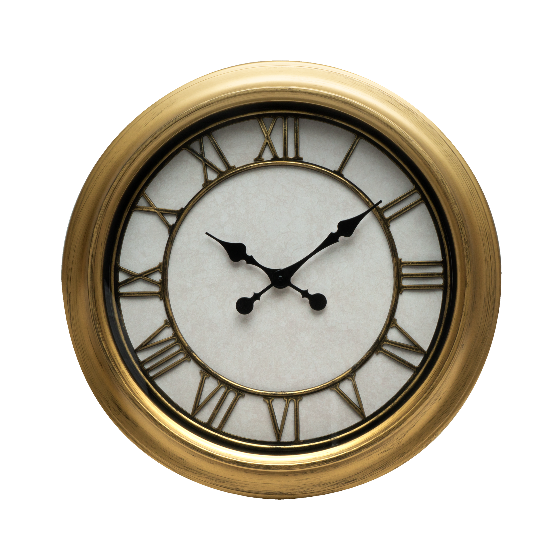 Reloj de pared Almita Oro 60cm, vista frontal, estilo retro industrial, números romanos.