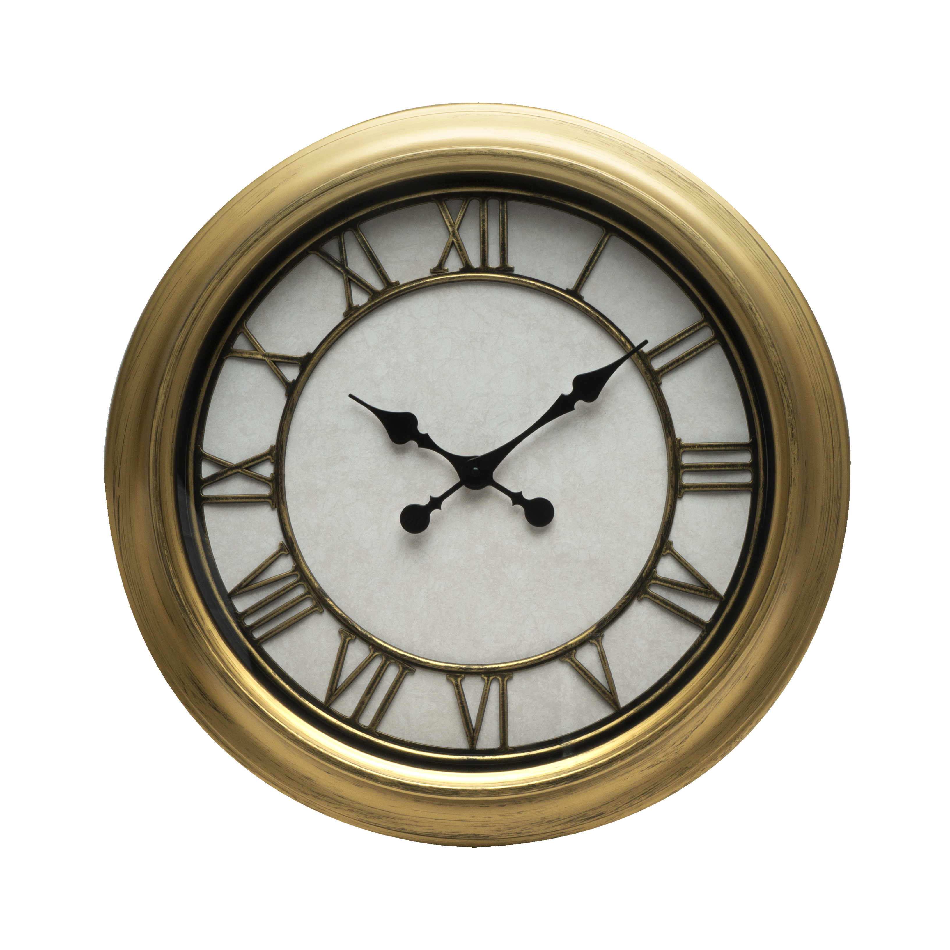 Reloj de pared Almita Oro 60cm, vista frontal, estilo retro industrial, números romanos.