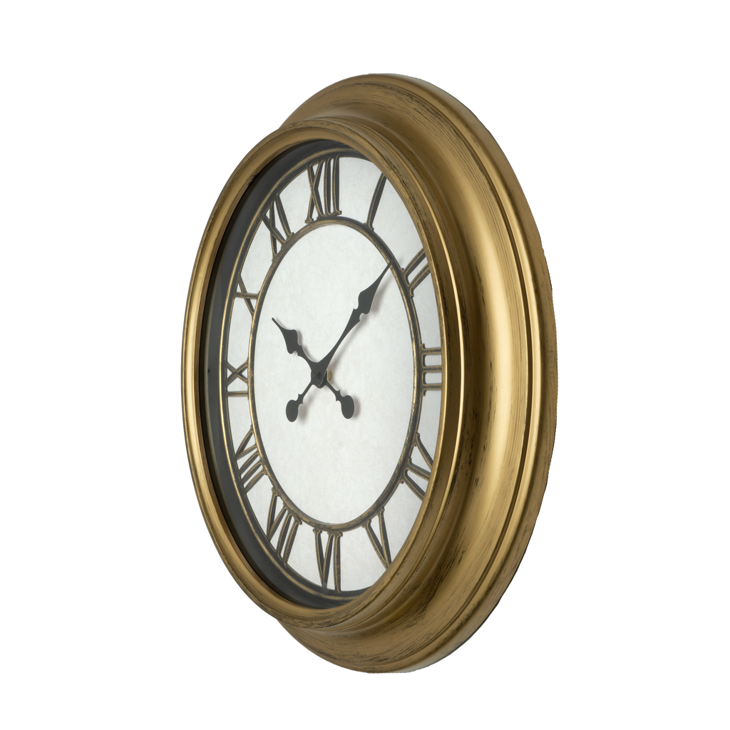 Reloj de pared Almita Oro 60cm, vista frontal, estilo retro industrial, números romanos.