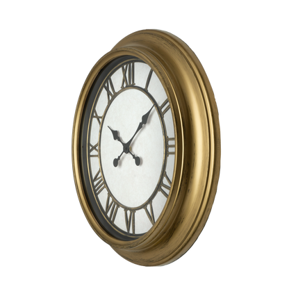 Reloj de pared Almita Oro 60cm, vista frontal, estilo retro industrial, números romanos.